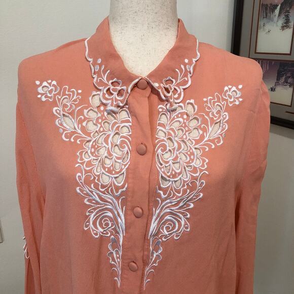 VTG Bob Mackie Wearable Art Silk Blouse Tag 1X Fits XL Peach Embroidered Floral - Picture 3 of 12